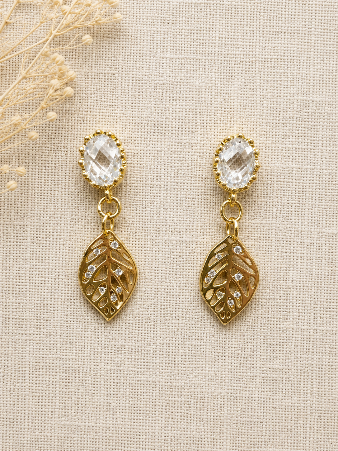Crystal Monstera Leaf Dangle Earrings