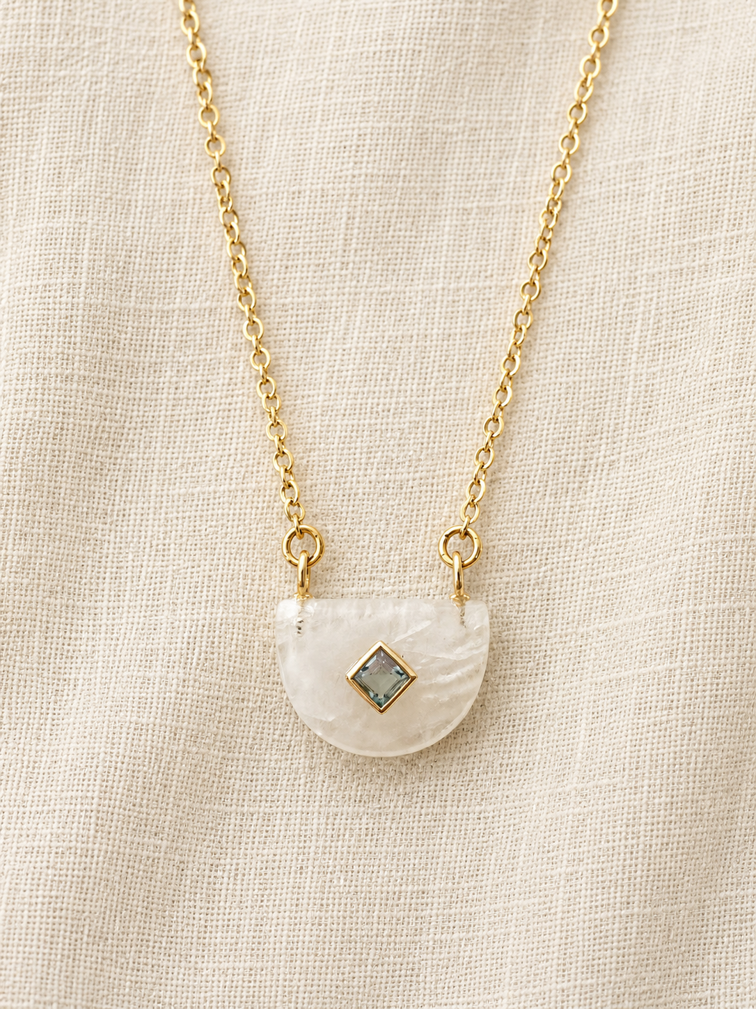 Unique Half Moon Natural Rainbow Moonstone with Blue Topaz crystal inlay