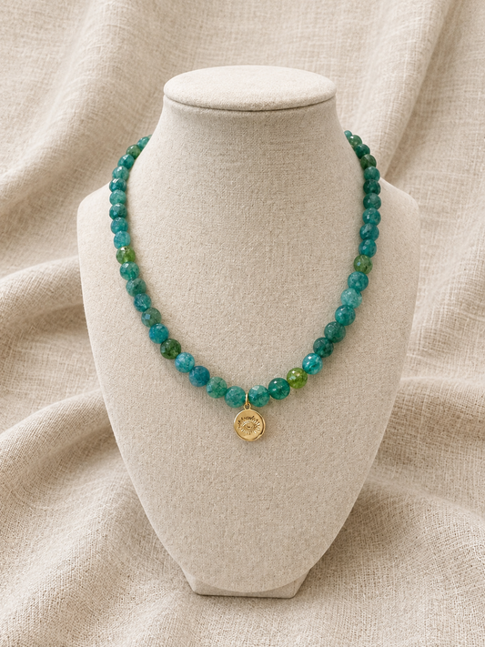 Green Quartz Beaded Evil Eye Necklace
