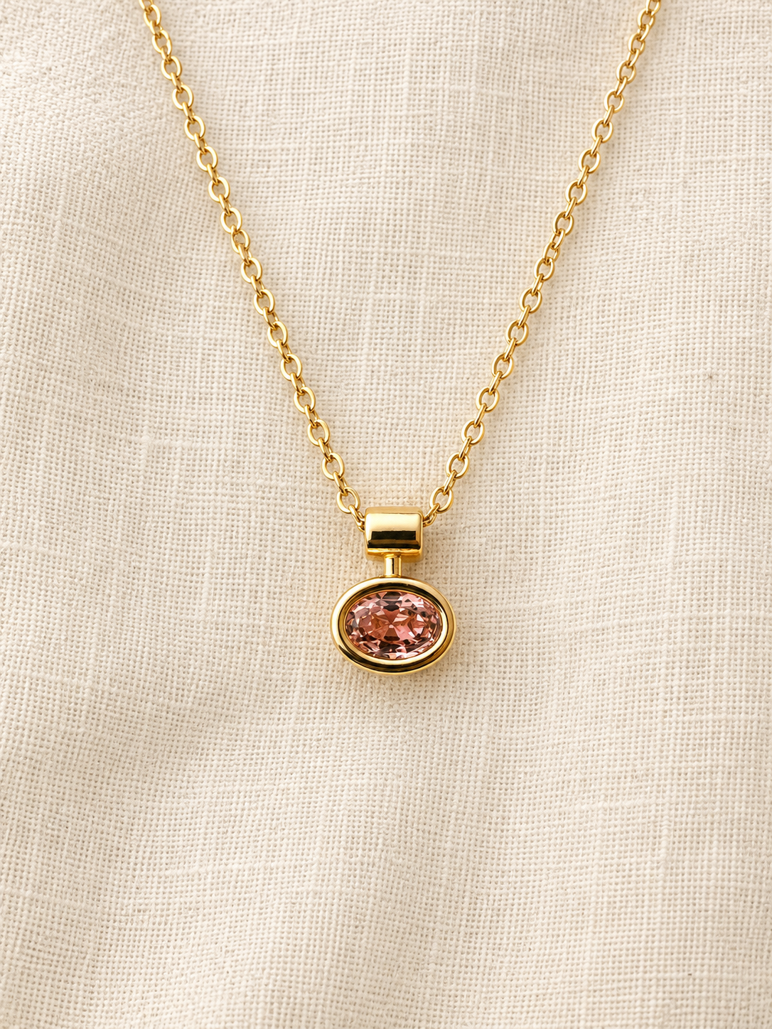 Pink Oval CZ Bezel Pendant Necklace