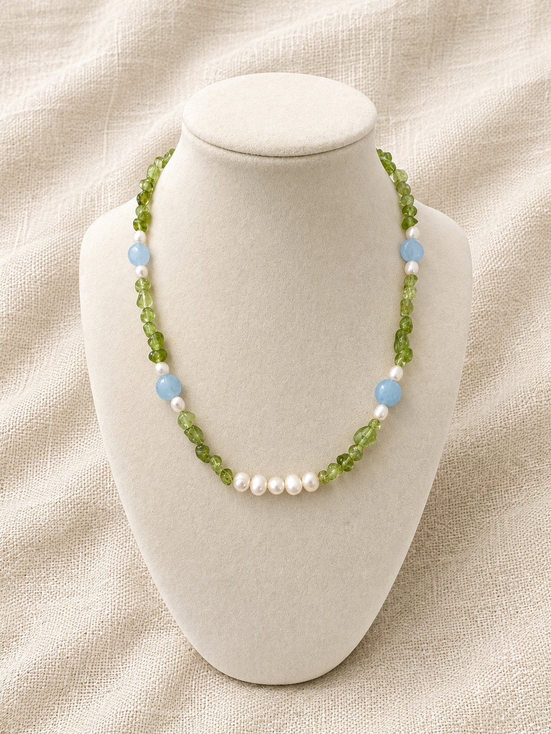 Peridot Pearl and Aquamarine Necklace