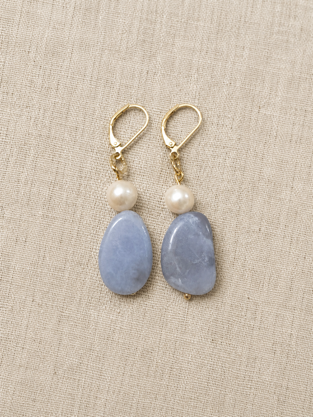 Natural Blue Chalcedony and Pearl Dangle Earrings